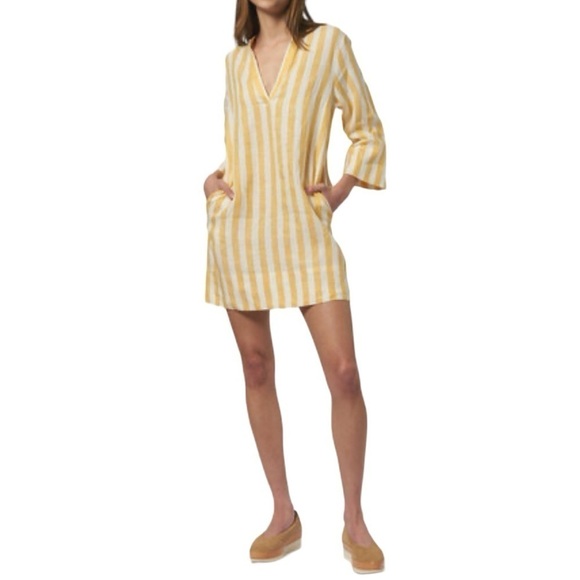 Trovata Birds of Paradise “Lucca” yellow awning stripe linen shift dress coverup - Picture 2 of 13